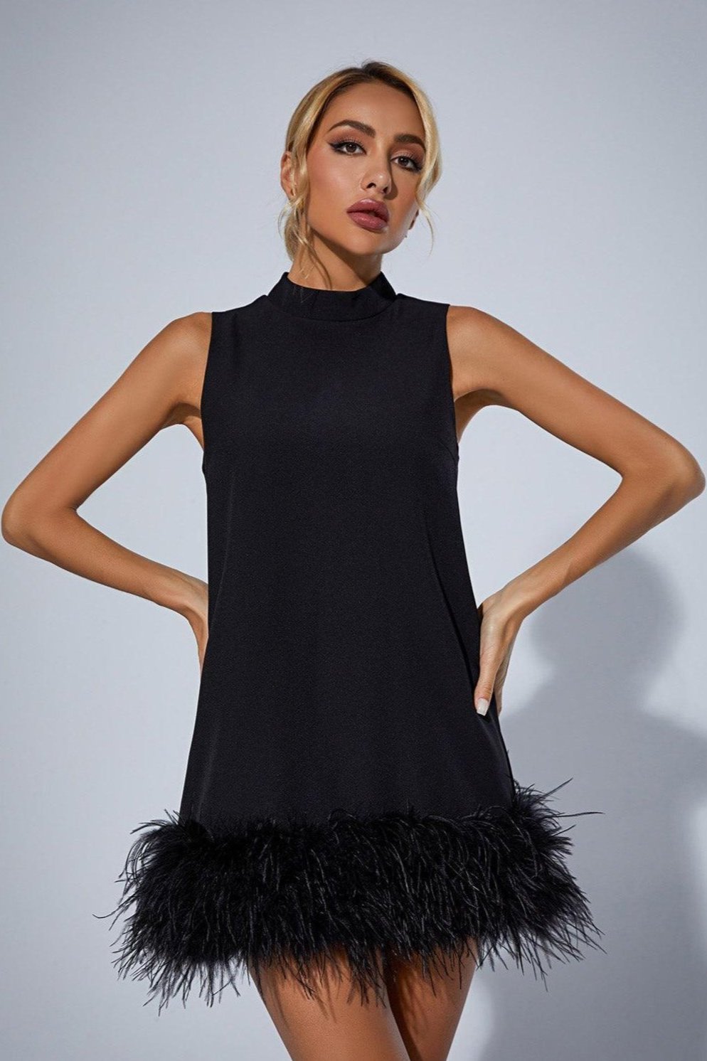 Nisha Feather-Hem Mini Dress — Black