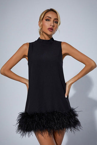 Nisha Feather-Hem Mini Dress — Black