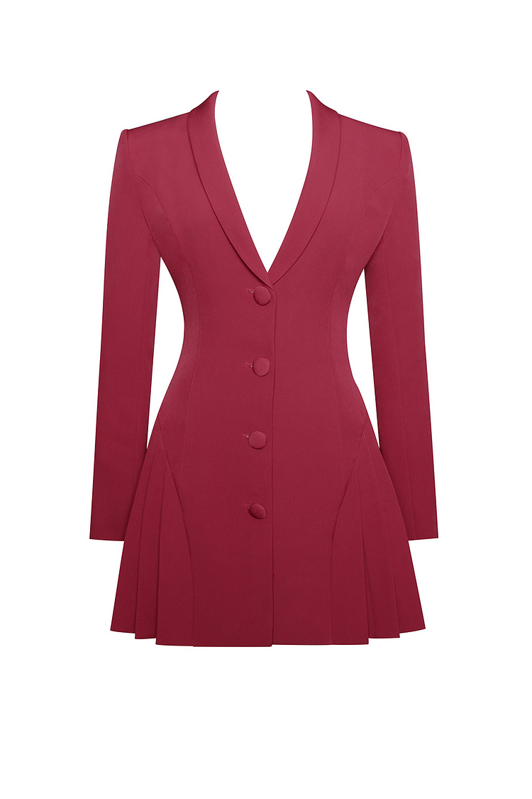 Burgundy Deep-V Blazer Mini Dress, Cuavan