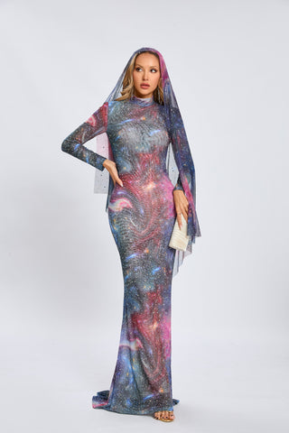 Vesper Galaxy Long-Sleeve Rhinestone Maxi Dress — Blue