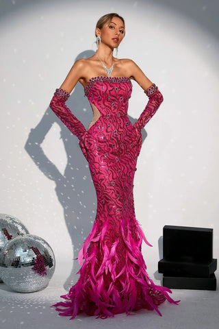 Felicity Feather Maxi Dress with Gloves — Pink