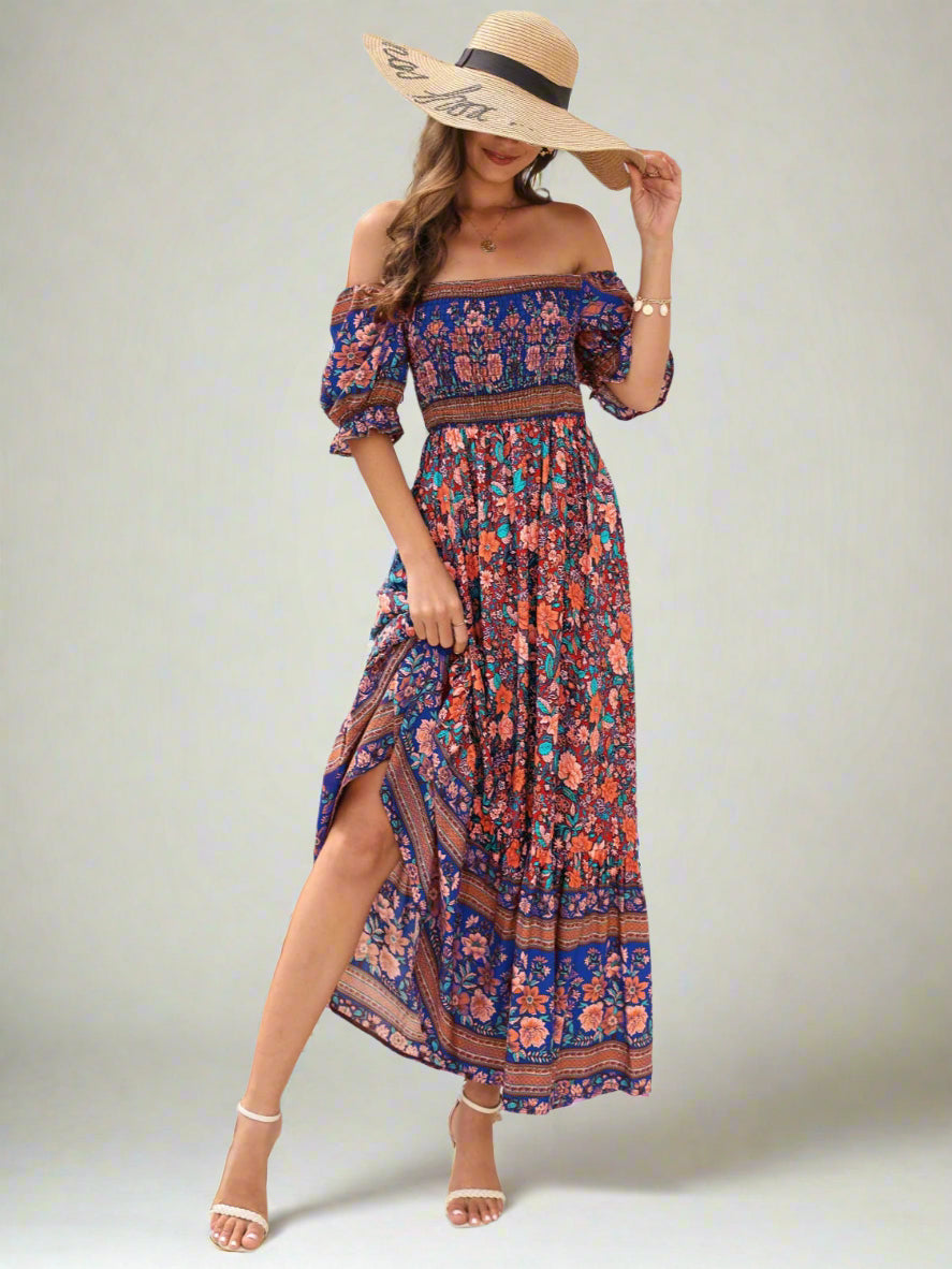 Floral Flounce Sleeve Midi Dress, Cuavan