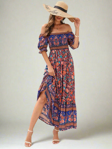 Floral Flounce Sleeve Midi Dress, Cuavan