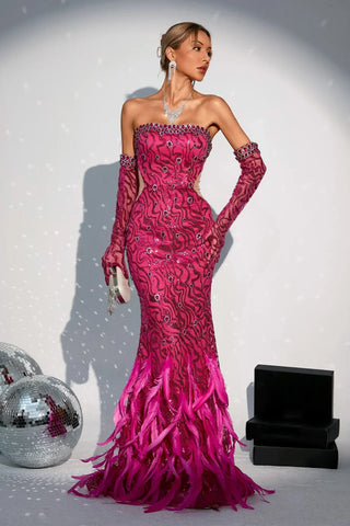 Felicity Feather Maxi Dress with Gloves — Pink