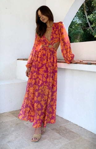Floral Long Sleeve Midi Dress — Cutout Waist, Cuavan