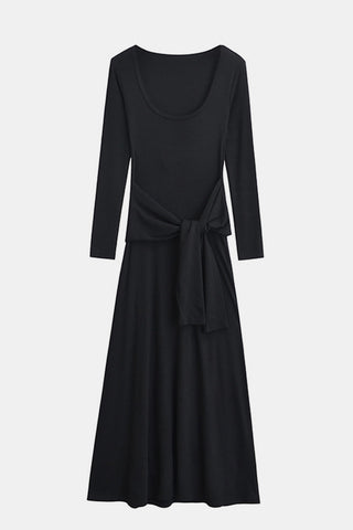 Tied Scoop Neck Long Sleeve Maxi Dress, Cuavan