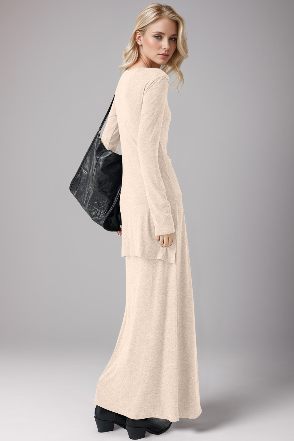 Tied Scoop Neck Long Sleeve Maxi Dress, Cuavan