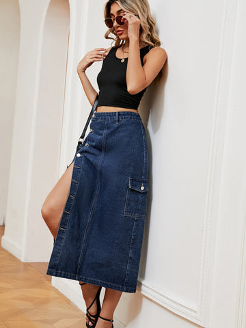 Button-Down Midi Denim Skirt, Cuavan
