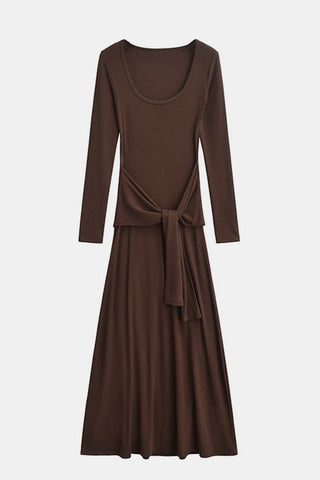 Tied Scoop Neck Long Sleeve Maxi Dress, Cuavan