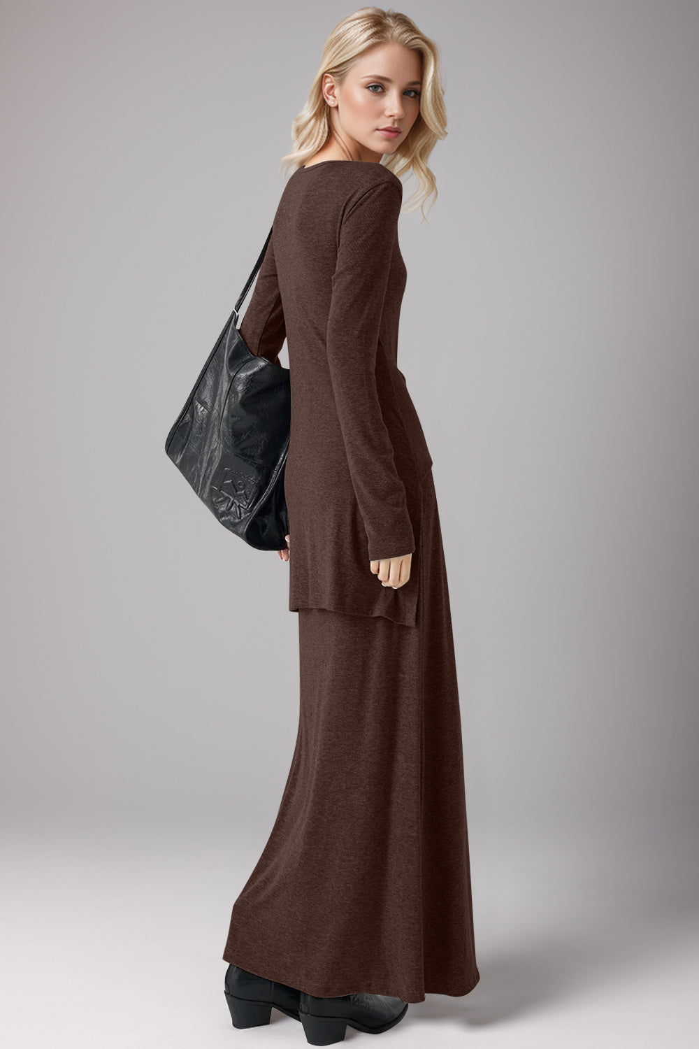 Tied Scoop Neck Long Sleeve Maxi Dress, Cuavan