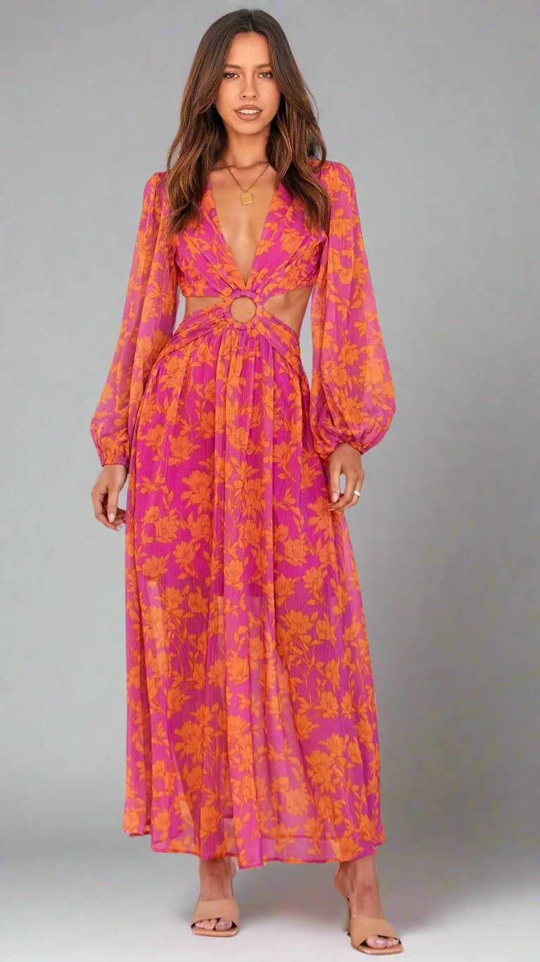 Floral Long Sleeve Midi Dress — Cutout Waist, Cuavan