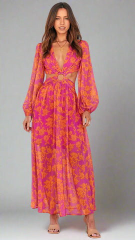 Floral Long Sleeve Midi Dress — Cutout Waist, Cuavan