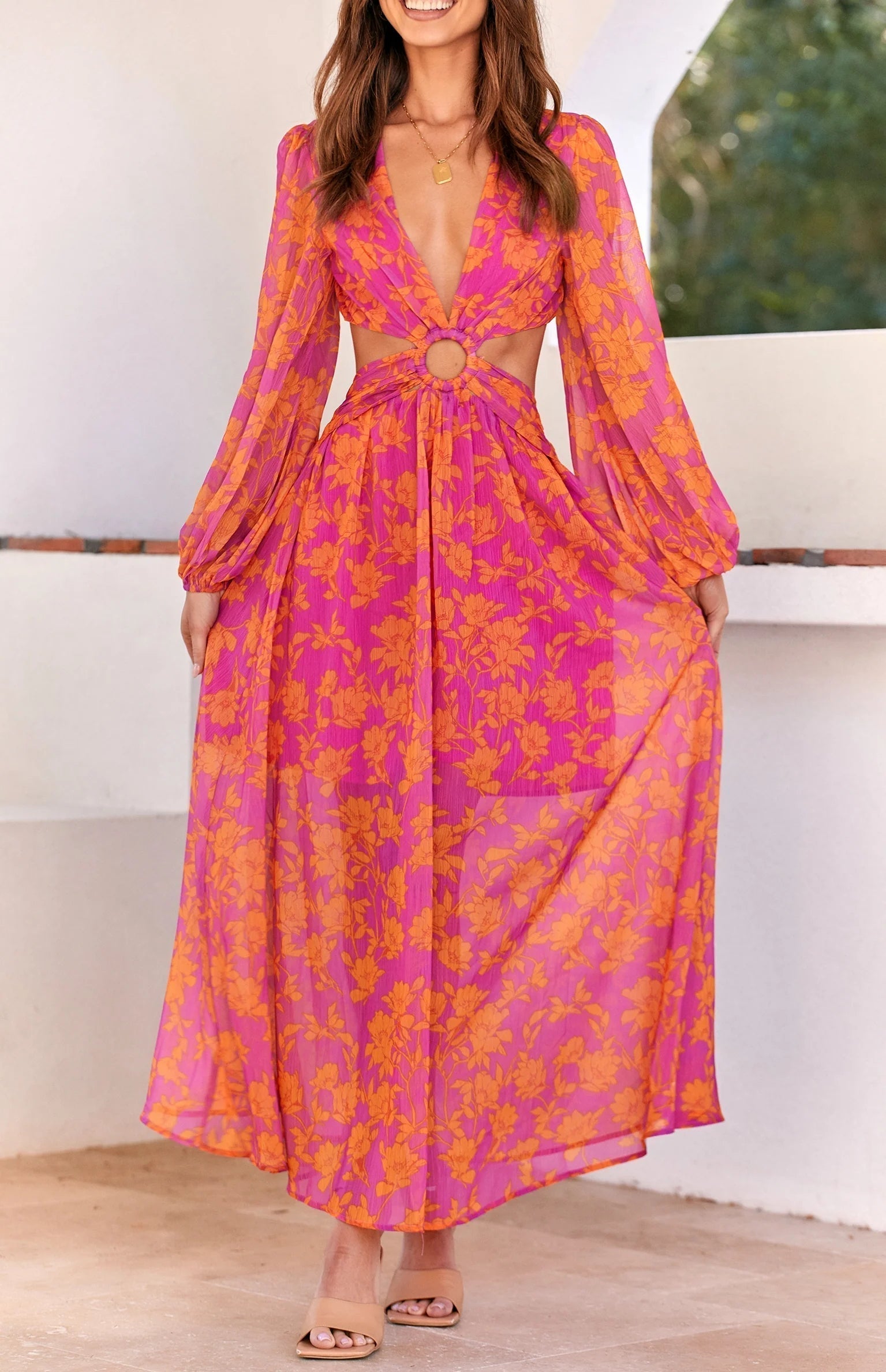 Floral Long Sleeve Midi Dress — Cutout Waist, Cuavan