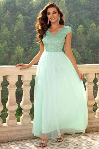 Sequin V-Neck Mesh Maxi Dress, Cuavan