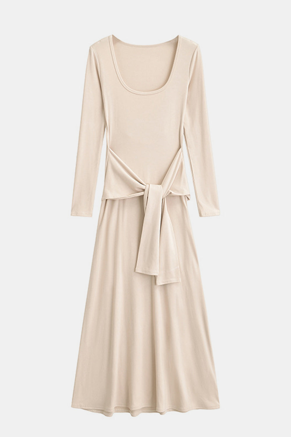Tied Scoop Neck Long Sleeve Maxi Dress, Cuavan