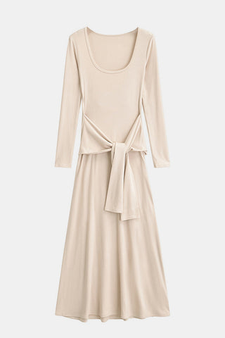 Tied Scoop Neck Long Sleeve Maxi Dress, Cuavan