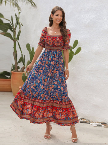 Floral Flounce Sleeve Midi Dress, Cuavan