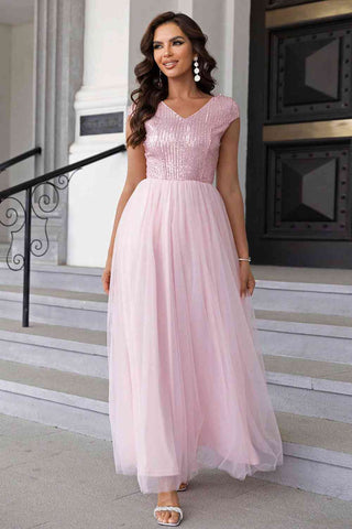Sequin V-Neck Mesh Maxi Dress, Cuavan
