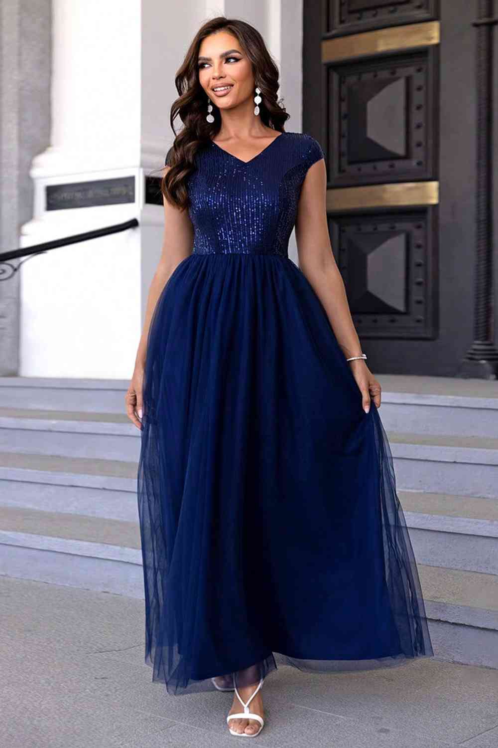 Sequin V-Neck Mesh Maxi Dress, Cuavan