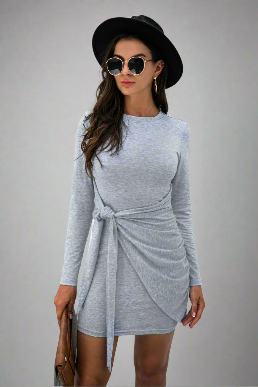 Tied Round Neck Long Sleeve Mini Dress