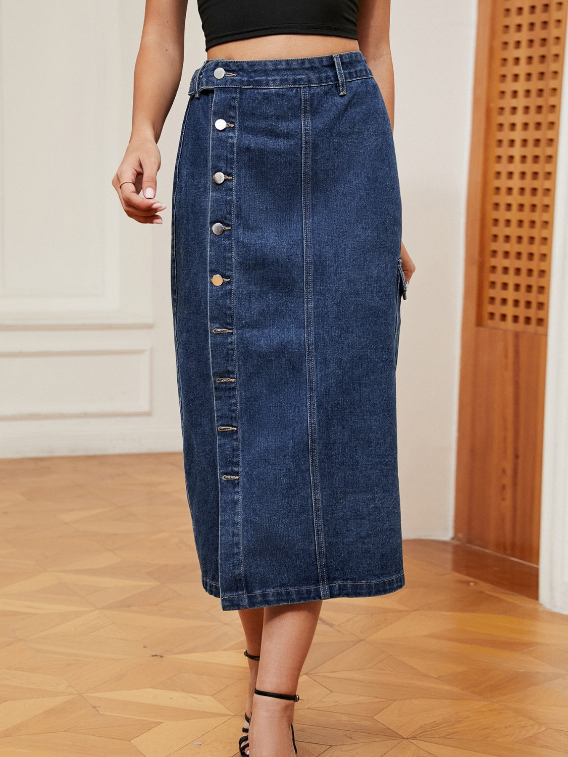 Button-Down Midi Denim Skirt, Cuavan