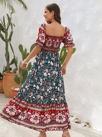 Floral Flounce Sleeve Midi Dress, Cuavan