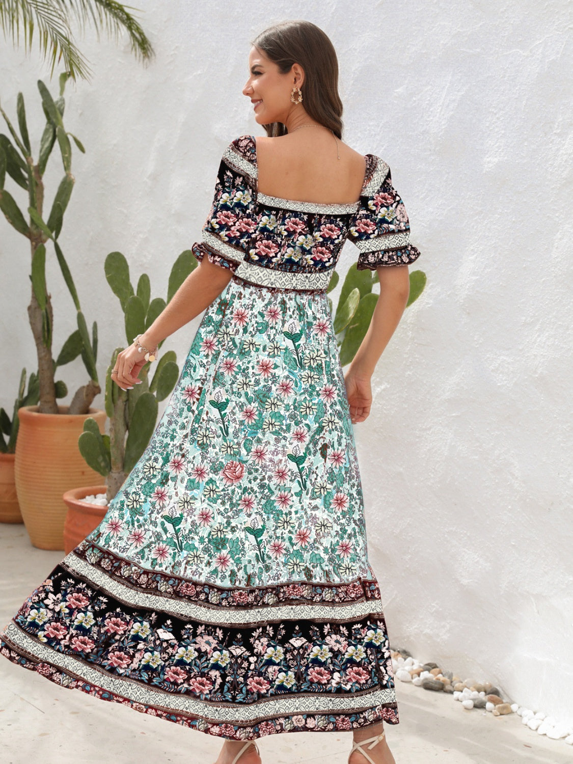 Floral Flounce Sleeve Midi Dress, Cuavan
