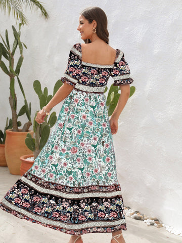 Floral Flounce Sleeve Midi Dress, Cuavan