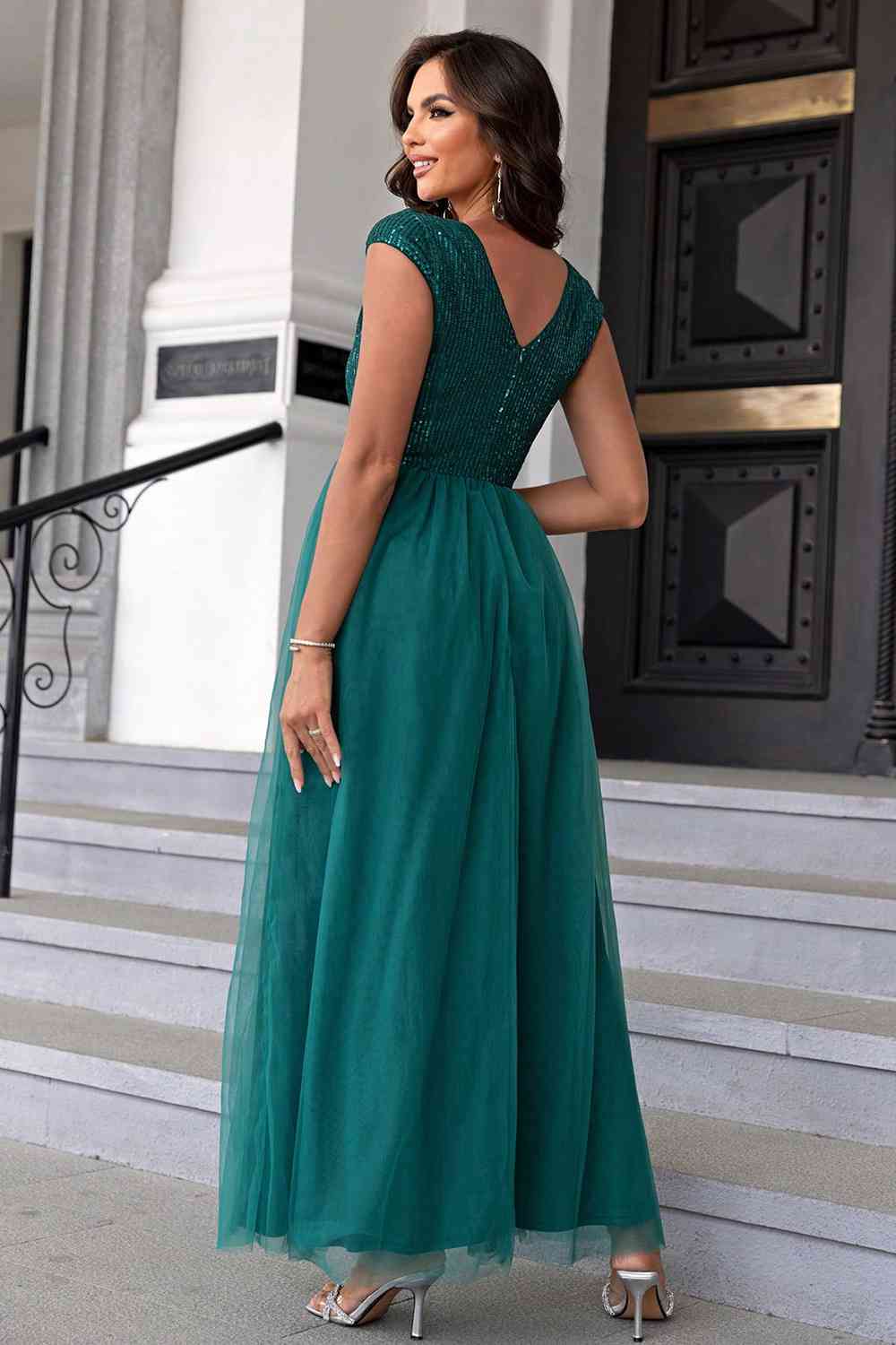Sequin V-Neck Mesh Maxi Dress, Cuavan