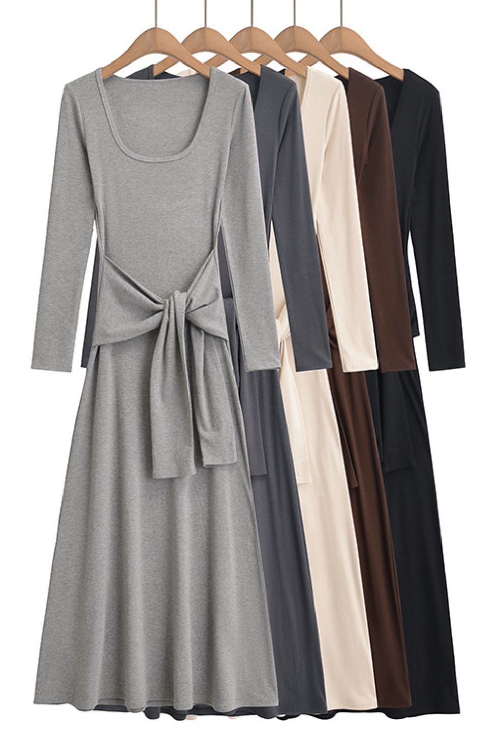 Tied Scoop Neck Long Sleeve Maxi Dress, Cuavan
