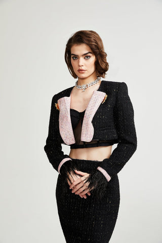 Léonie Feather-Cuff Two-Piece Set — Black & Pink