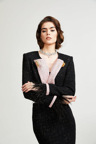 Léonie Feather-Cuff Two-Piece Set — Black & Pink