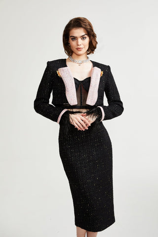Léonie Feather-Cuff Two-Piece Set — Black & Pink