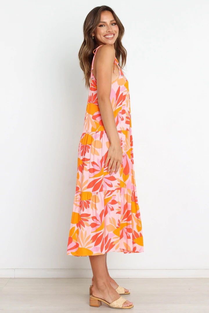 Floral Slip Midi Dress — Orange (Adjustable Strap), Cuavan