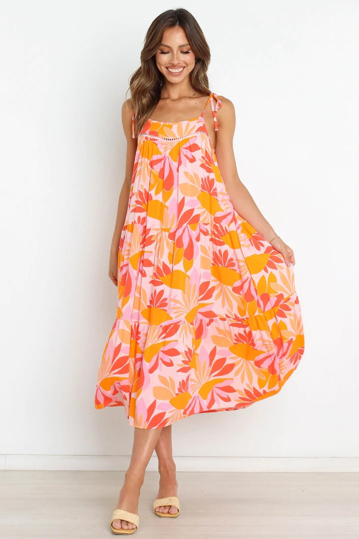 Floral Slip Midi Dress — Orange (Adjustable Strap), Cuavan