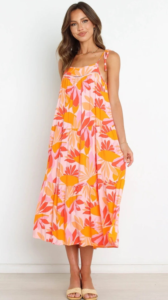 Floral Slip Midi Dress — Orange (Adjustable Strap), Cuavan