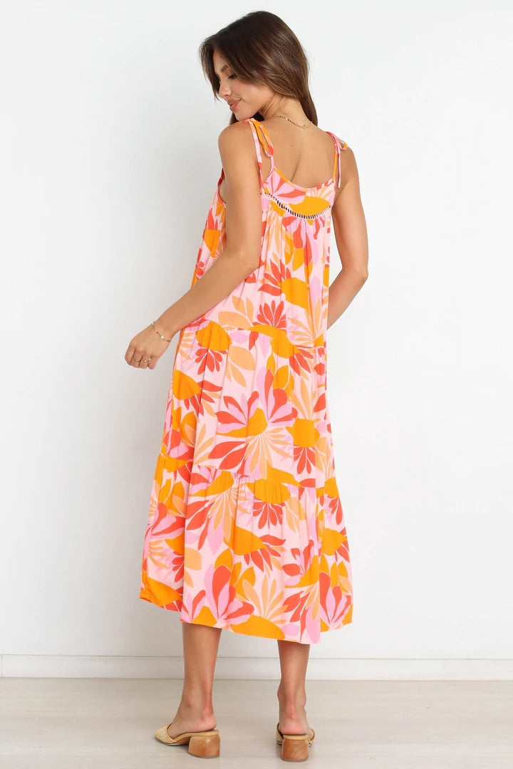 Floral Slip Midi Dress — Orange (Adjustable Strap), Cuavan