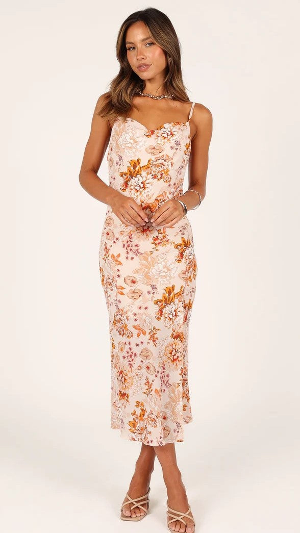 Floral Slip Midi Dress — Orange (Thin Strap), Cuavan