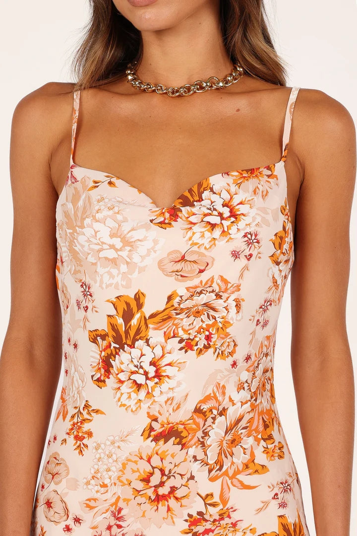 Floral Slip Midi Dress — Orange (Thin Strap), Cuavan