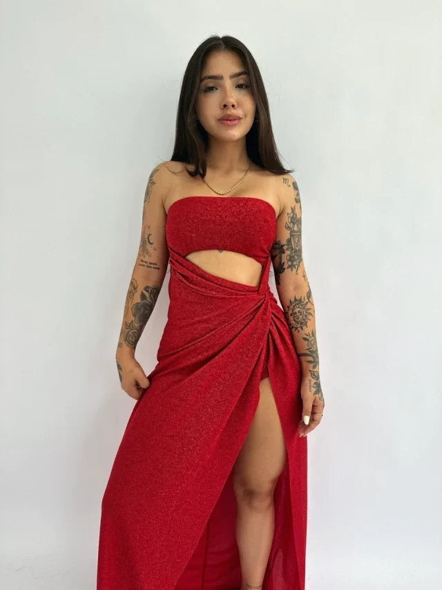 Angel Lurex Slit Dress — Red, Cuavan