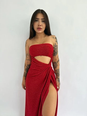 Angel Lurex Slit Dress — Red, Cuavan