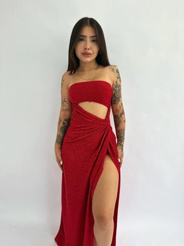 Angel Lurex Slit Dress — Red, Cuavan